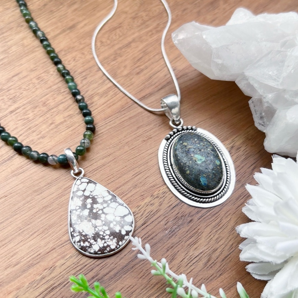 ⚡️LOT⚡️ Solid 925 Pendants Chrysocolla Wild Horse Agate Gemstone Necklace Chain - Picture 3 of 11